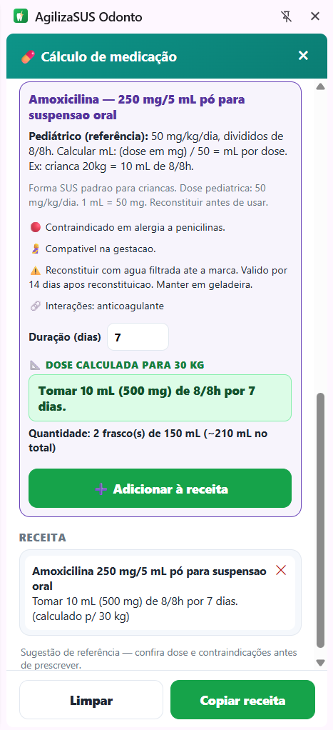 AgilizaSUS Odonto: cálculo de dose por peso